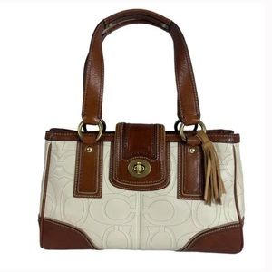 Genuine Vintage Coach Hampton Embossed Leather Satchel - Cream with Pecan Trim